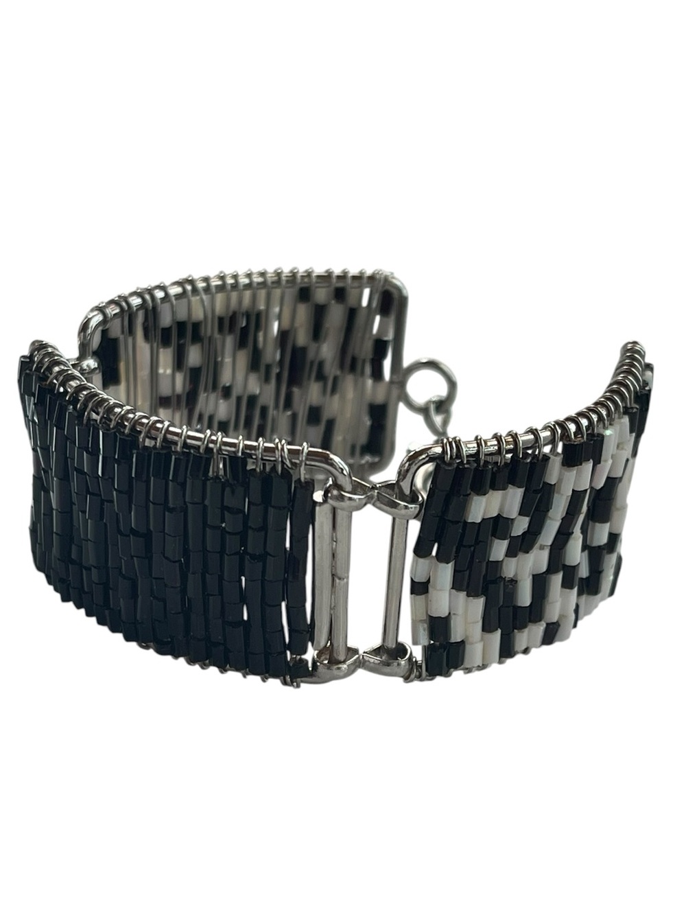 Black White Seed Bead Geometric Panel Bracelet w Toggle Closure